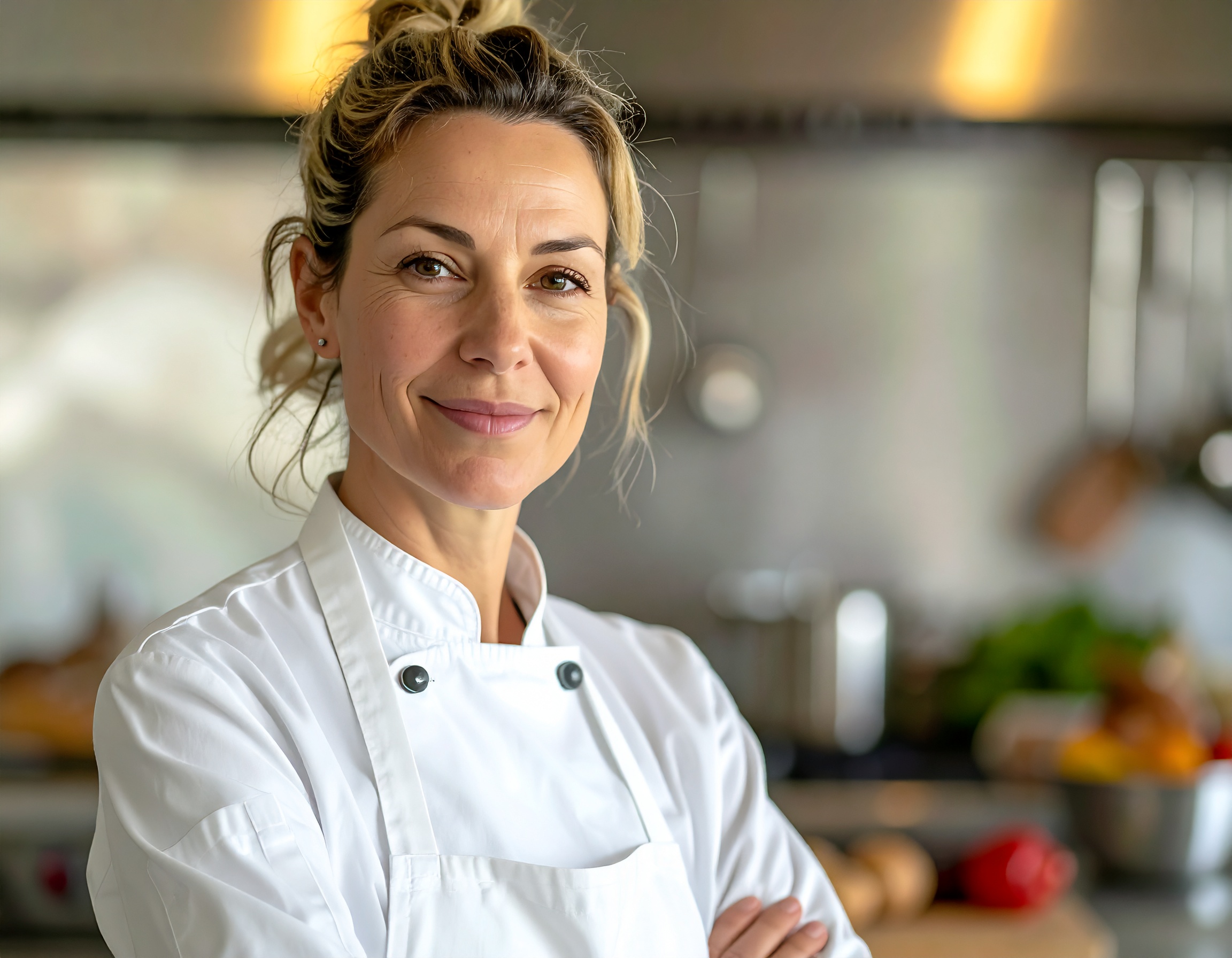 Firefly a 40-year-old American female chef, blonde hair tied back, wearing a professional white chef